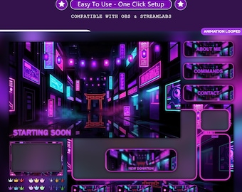 Dark Neon Alley Animated Stream Overlay: For Twitch | Retro Night Vibe | Purple Glow Overlays