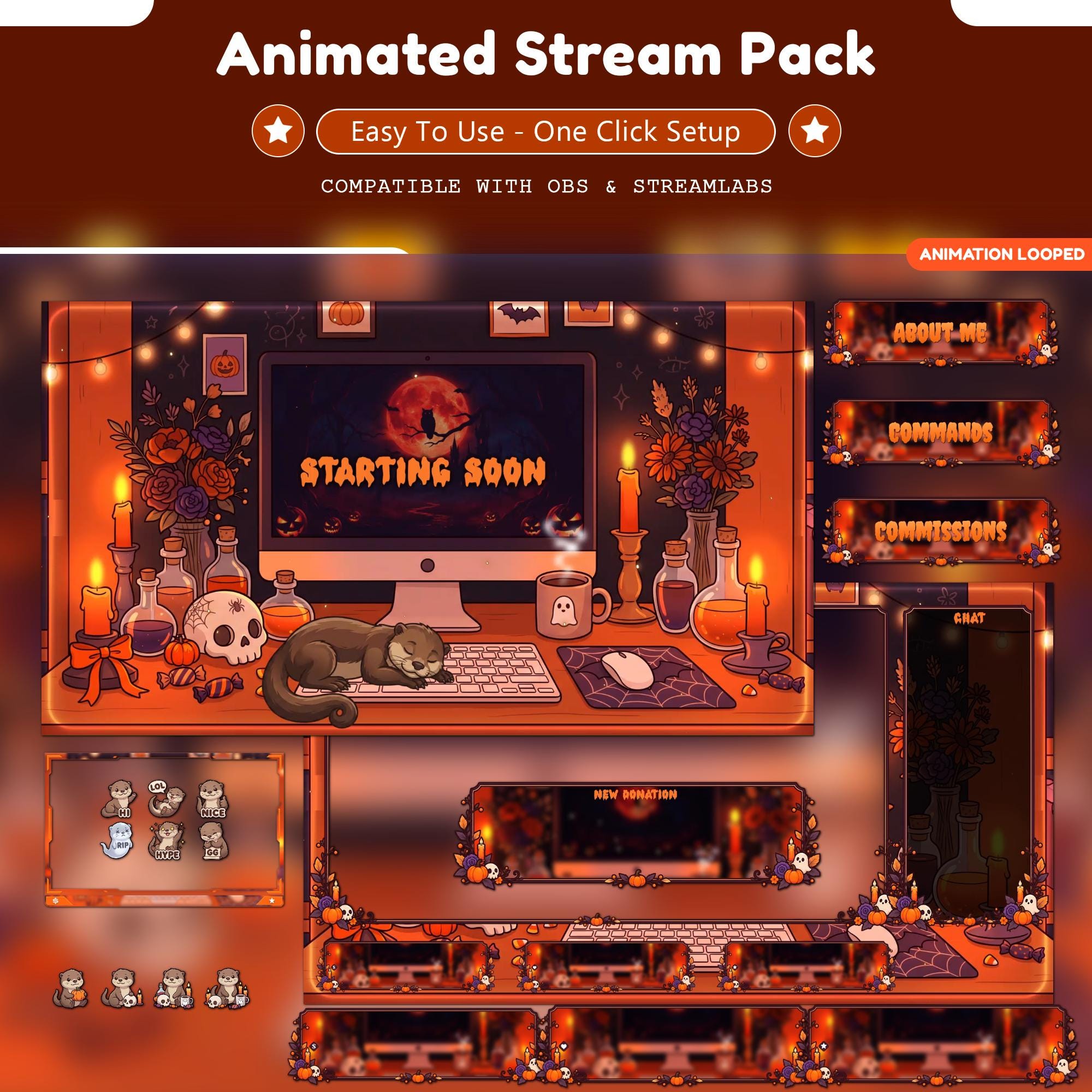 Animated Halloween Stream Overlay Pack | Cozy Otter Twitch Overlay Bundle | Spooky Pumpkin Ghost Panels Emotes | VTuber OBS | Youtube, Kick - animated preview