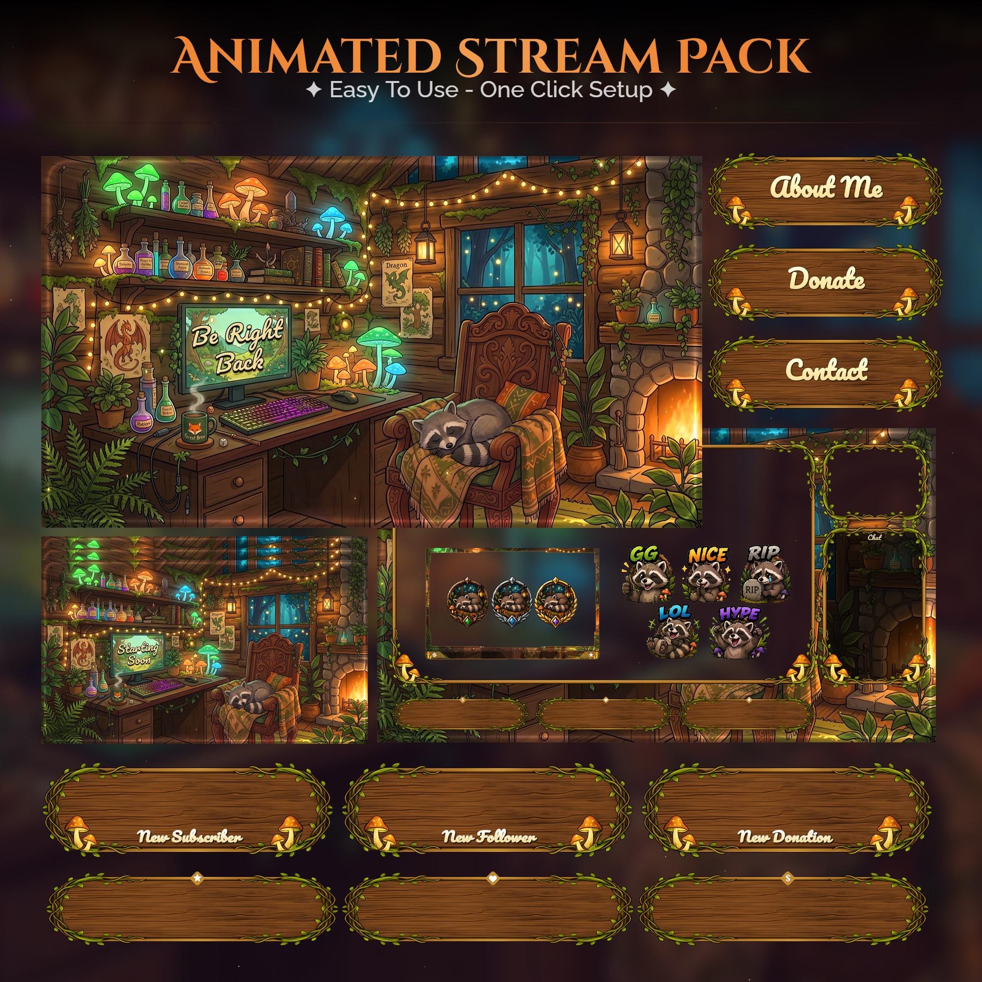 Cozy Raccoon Overlay Animated Stream Package: Twitch, YouTube, Kick | Gaming Setup Overlays - animated preview