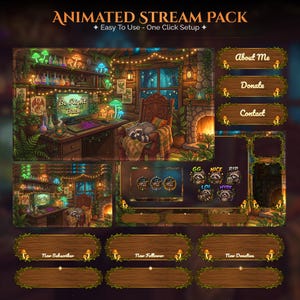 Op de afbeelding: Een geanimeerd stream pack met een gezellig cottage thema. Het ontwerp bevat een desktop setup, knoppen voor "About Me", "Donate" en "Contact", en geanimeerde wasbeer emotes. De tekst "Be Right Back" wordt weergegeven op het computerscherm.