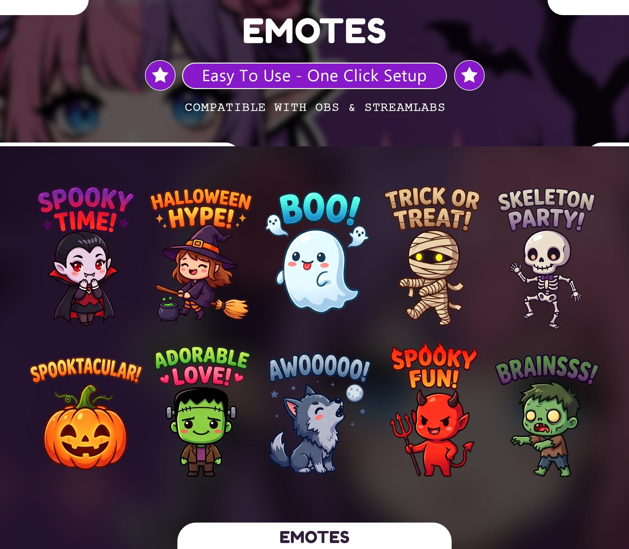 10 Halloween Emotes, Twitch Emotes, Cute Ghost Pumpkin Witch Emotes for Streaming, Emotes for Discord, Spooky Emote Pack - animated ghost Twitch stream overlay pack cover