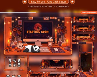 Animated Halloween Stream Overlay | Cozy Panda Twitch Overlay Bundle | Spooky Pumpkin Ghost Panels Emotes | VTuber OBS  | Youtube, Kick