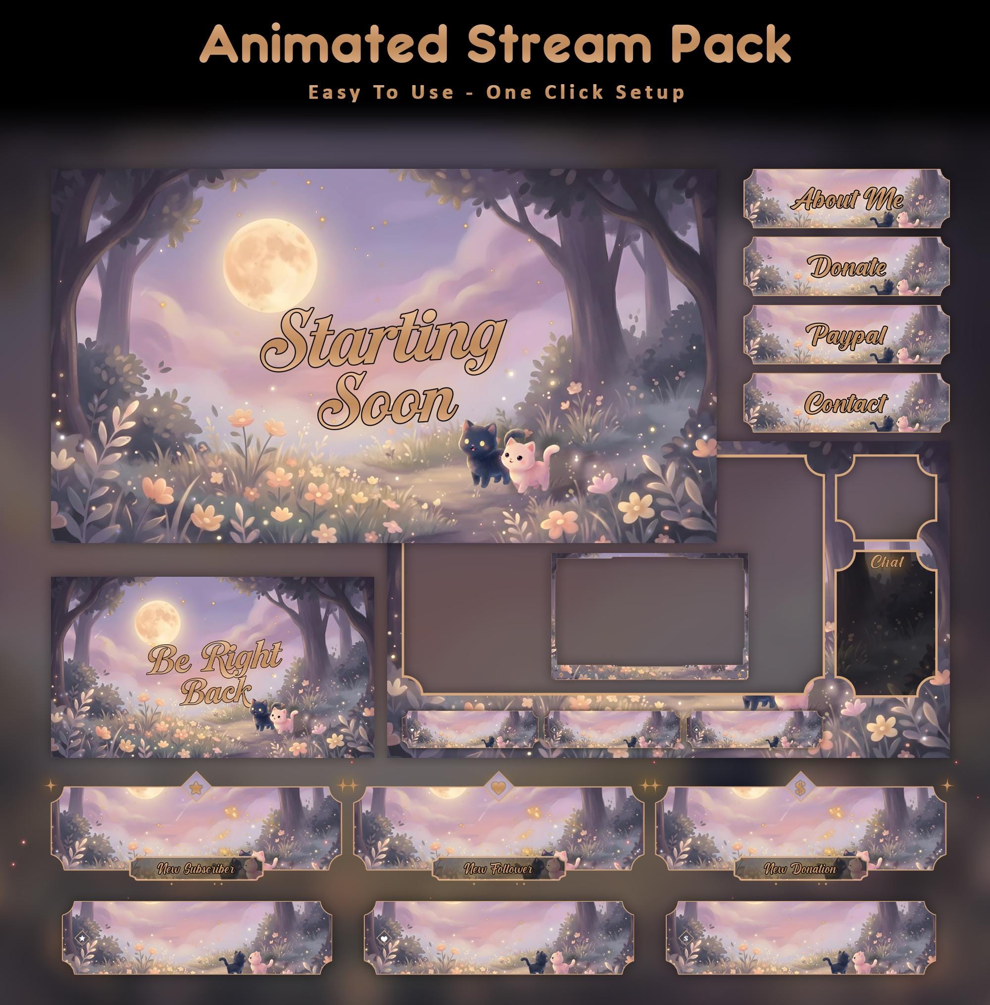 Magical Night Cat Overlay Animated Stream Package: Twitch, YouTube, Kick | Magic Cat Overlays - animated preview
