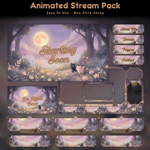 Peut inclure: Un pack de stream animé sur le thème d'une forêt fantaisiste. Le design comprend un écran "Starting Soon", un écran "Be Right Back" et divers éléments de superposition. La palette de couleurs présente des violets, roses et verts doux, avec une pleine lune et deux chats de dessin animé.