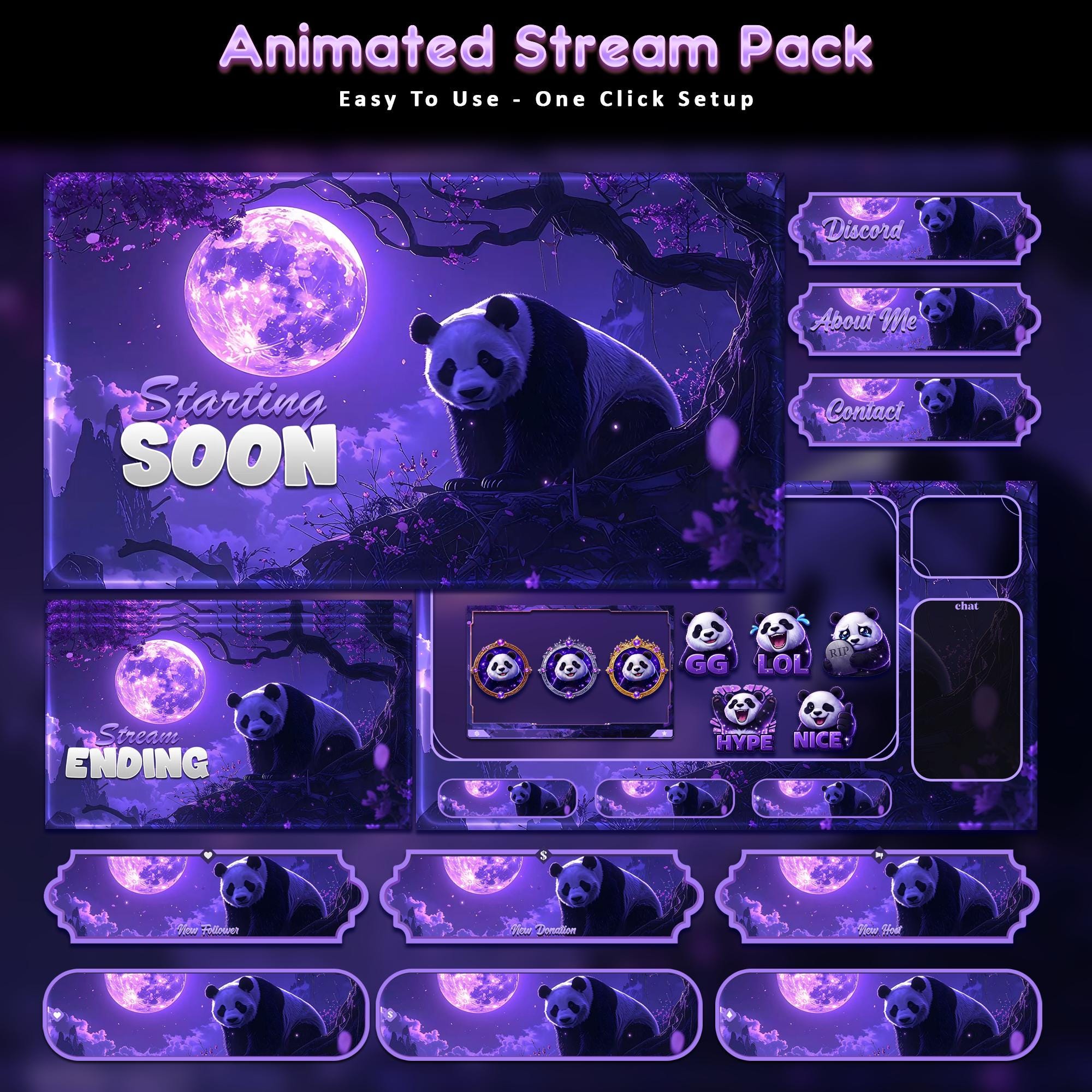 Moonlight Panda Animated Stream Package: For Twitch Overlay, YouTube, Kick | Panda overlays - animated preview