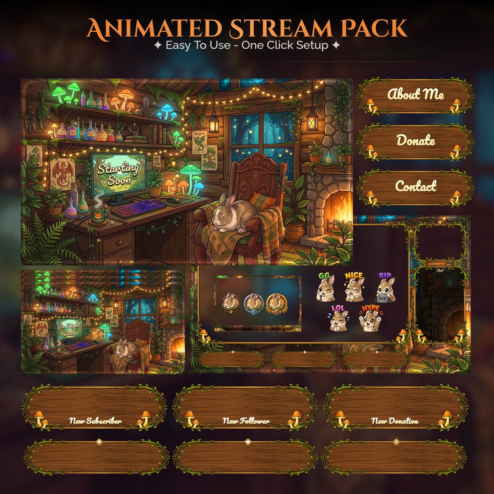 Cozy rabbit Overlay Animated Stream Package: Twitch, YouTube, Kick | Gaming Setup Overlays - animated preview