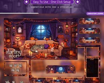 Cozy Wolf Halloween Twitch Overlay Pack Animated | Kawaii Gaming Room Stream Bundle | Purple Spooky Screens Panels Alerts