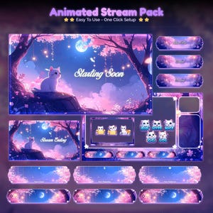 May include: A digital stream pack with an anime aesthetic, featuring a white cat, cherry blossom trees, and a full moon. Text includes "Starting Soon" and "Stream Ending". The pack also includes chat boxes and follower notifications, all in shades of pink and blue.
