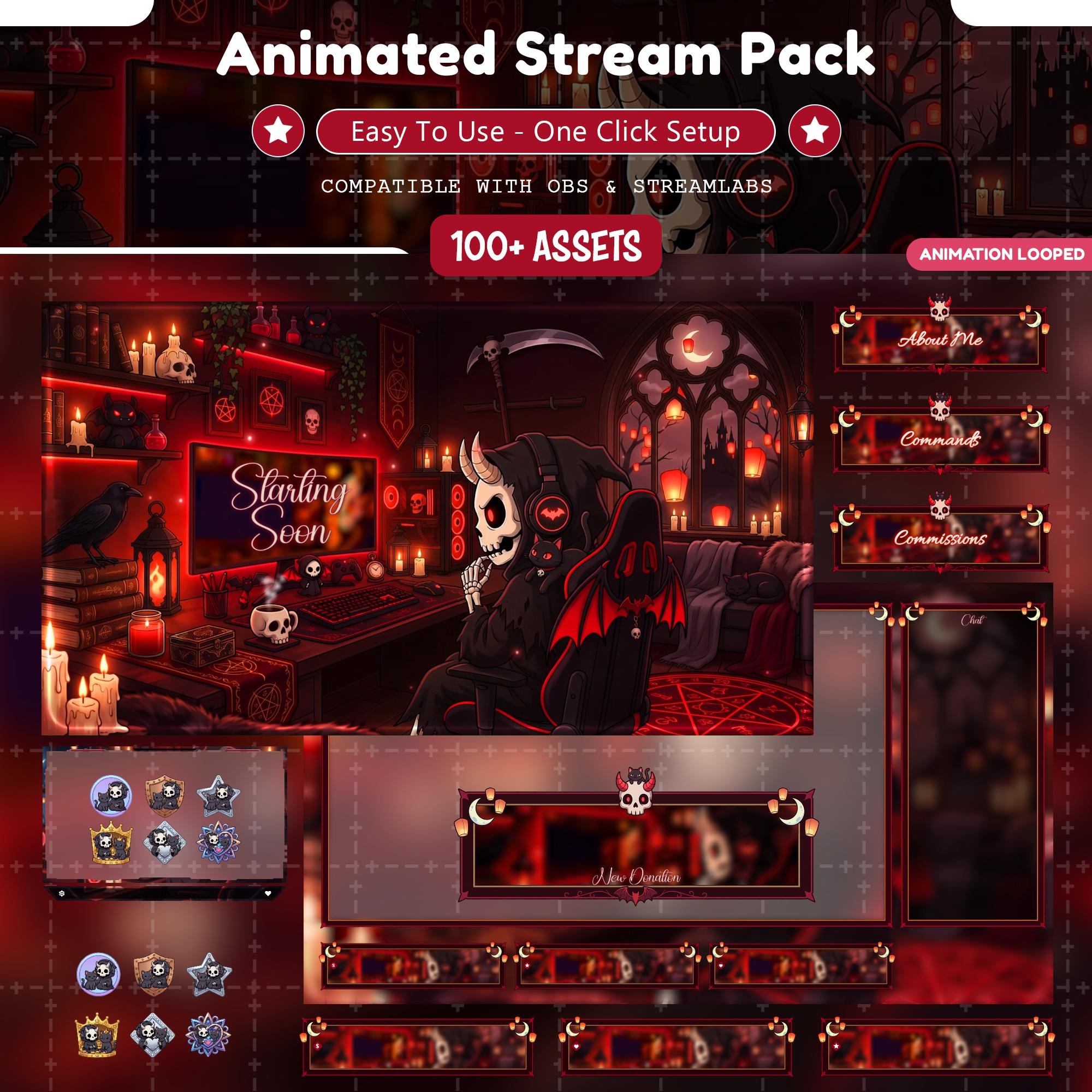 Gothic Grim Reaper Animated Stream Overlay Package, Red Spooky Cozy Overlay, Horror Halloween Stream Screens, OBS VTuber Background Youtube - animated reaper Twitch stream overlay pack cover