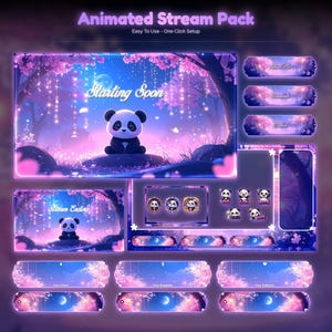 Pode incluir: Um pacote de stream animado com tema de panda. O design apresenta um panda em um cenário de floresta com flores de cerejeira rosa e um céu azul. Inclui sobreposições animadas, alertas e painéis com texto como "Starting Soon" e "Stream Ending".