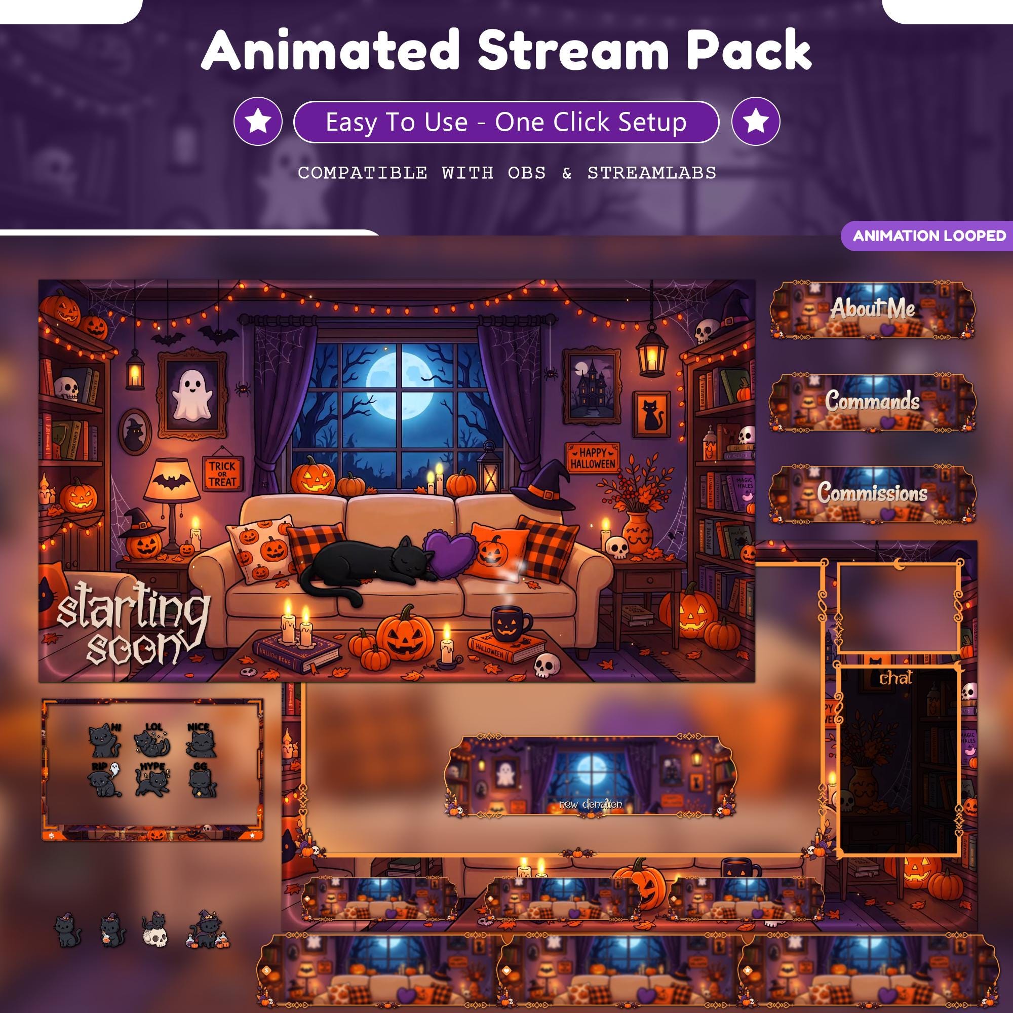 Cozy Cat Halloween Twitch Overlay Pack Animated - animated cat Twitch stream overlay pack cover