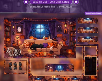 Cozy Cat Halloween Twitch Overlay Pack Animated | Kawaii Gaming Room Stream Bundle | Purple Spooky Screens Panels Alerts