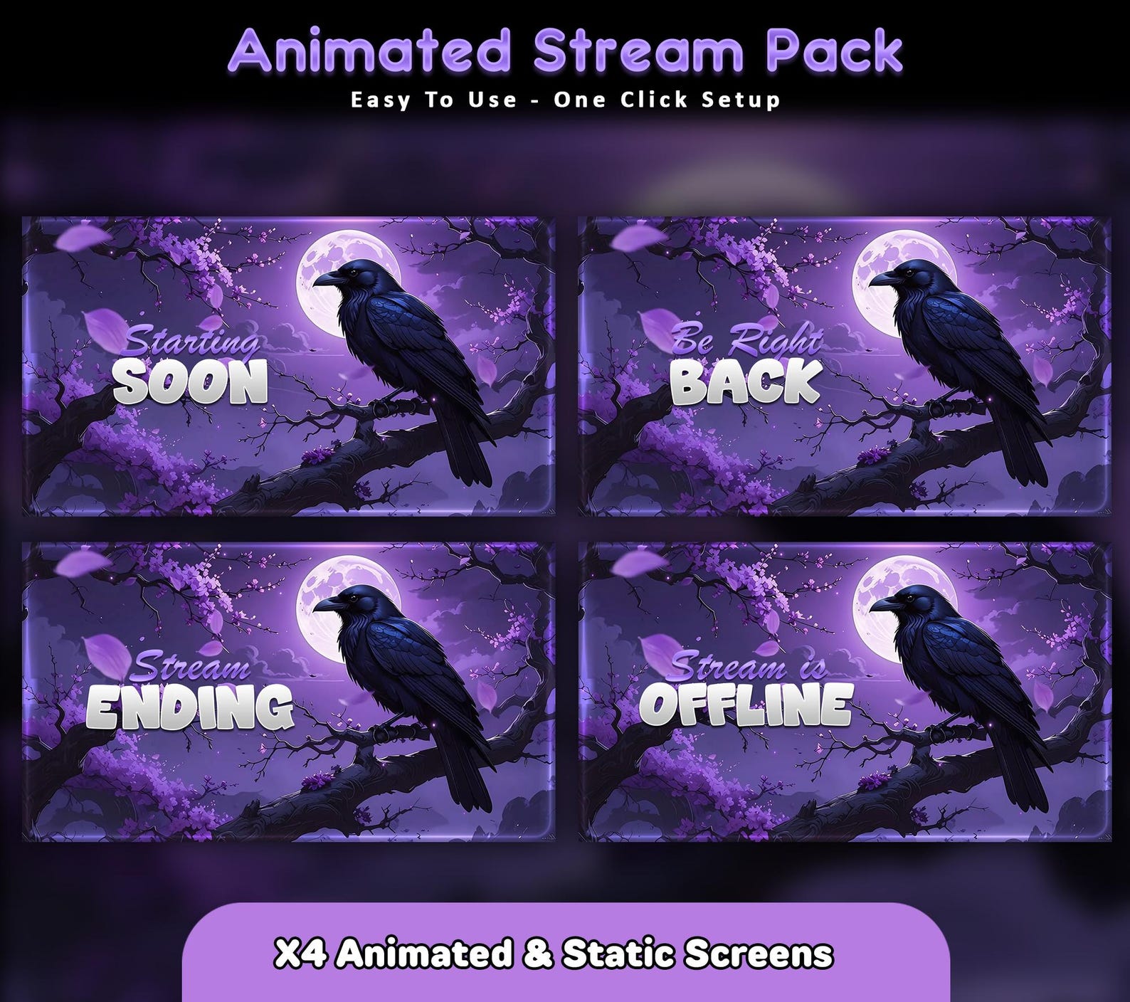 Moonlight Raven Animated Stream Package: for Twitch Overlay, Youtube ...