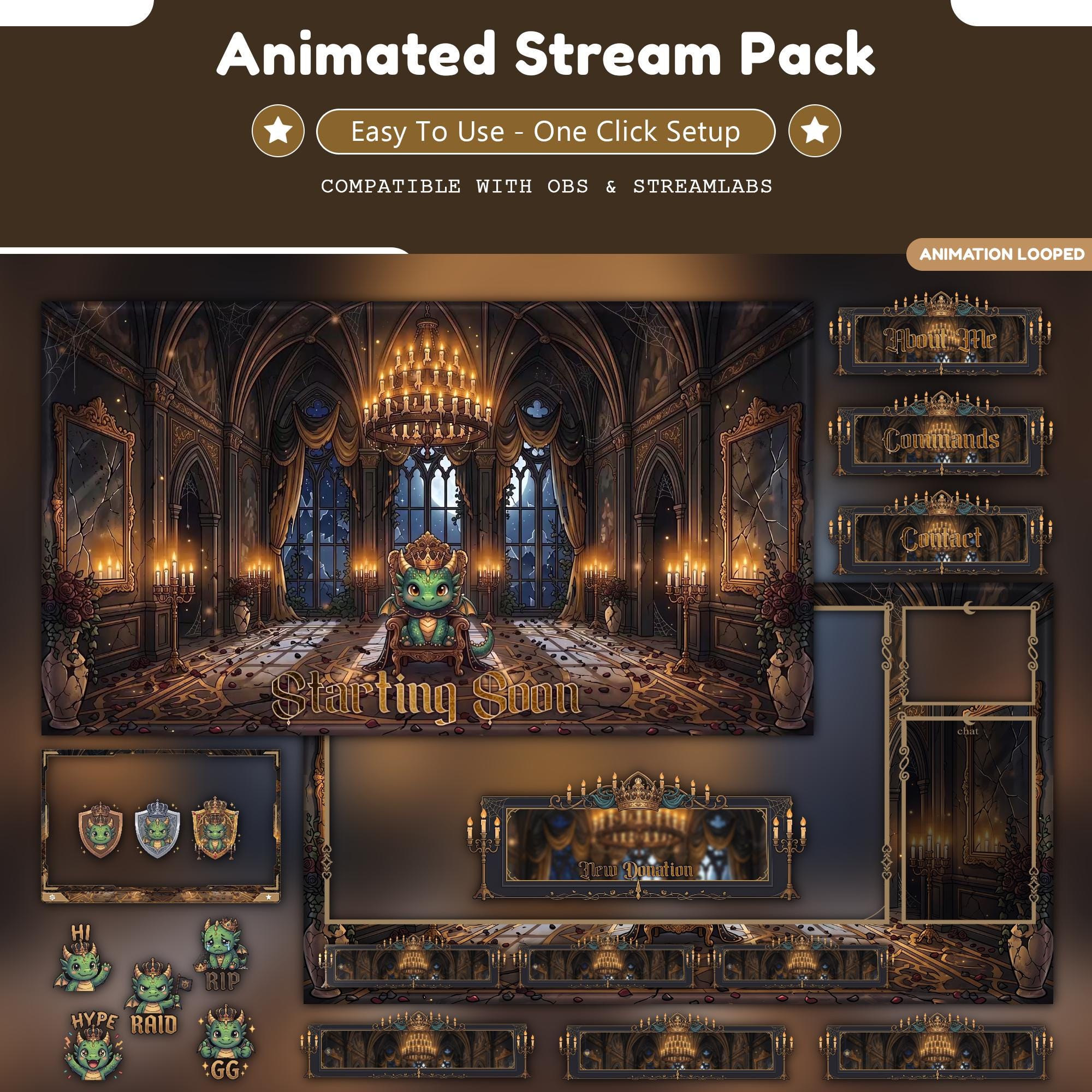 Royal Dragon Gothic Overlay Animated Stream Package: For Twitch, YouTube, Kick | Mystic Dragon overlays - animated preview