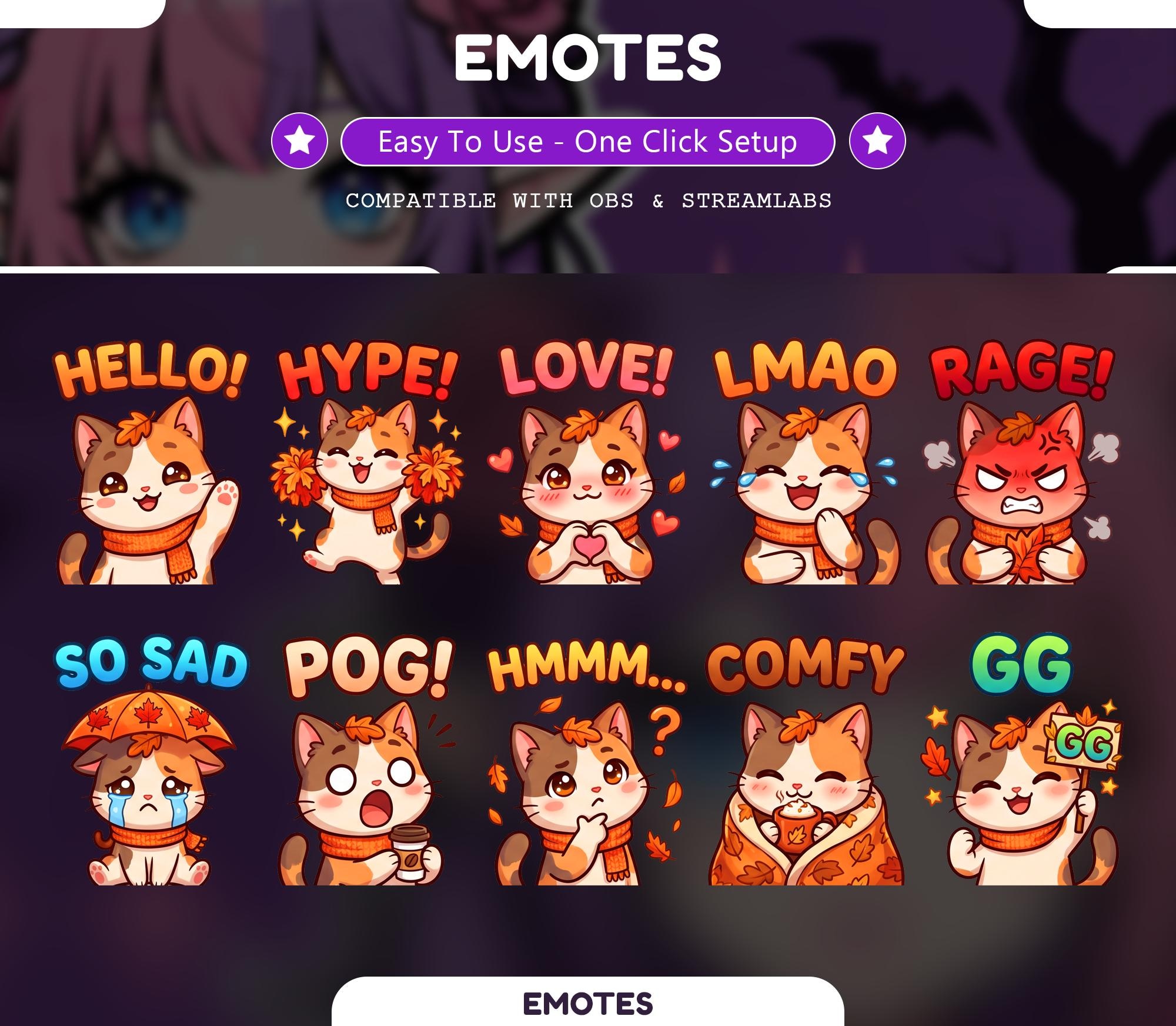 10 Autumn Cat Emotes, Twitch Emotes, Cute Cats Kitty Emotes for Streaming, Emotes for Discord, Cozy Fall Emote Pack - animated cat Twitch stream overlay pack cover