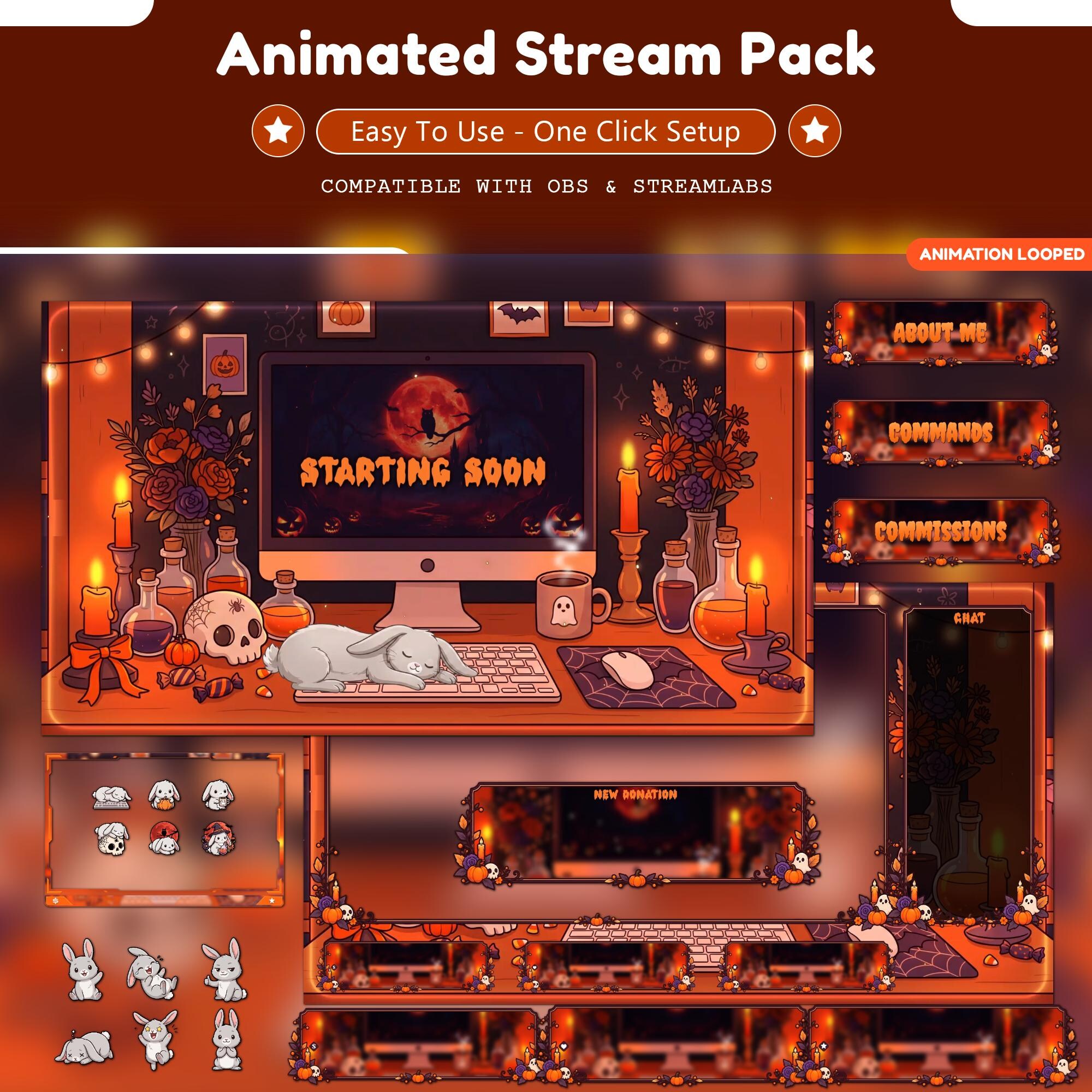 Animated Halloween Stream Overlay Pack | Cozy Bunny Twitch Overlay Bundle | Spooky Pumpkin Ghost Panels Emotes | VTuber OBS | Youtube, Kick - animated preview