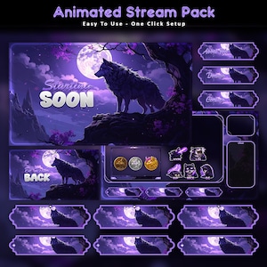 以下が含まれることがあります： 紫と青を基調としたアニメーションストリームパック。満月の下でオオカミが立っているデザインです。「Starting Soon」や「Be Right Back」の画面、チャットや寄付パネルが含まれています。