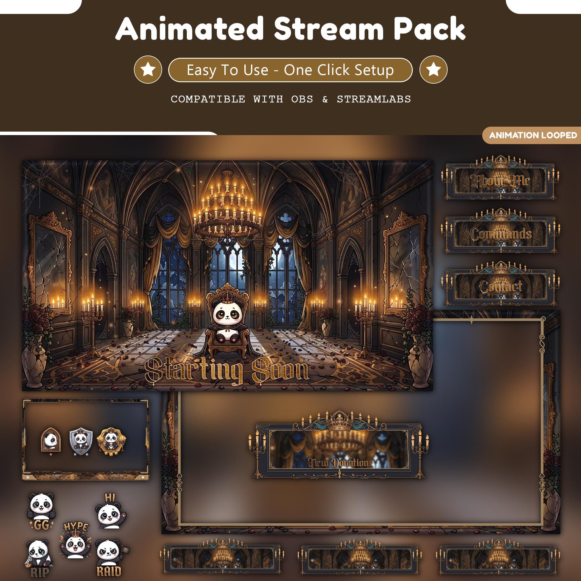 Royal Panda Gothic Overlay Animated Stream Package: For Twitch, YouTube, Kick | Mystic Panda overlays - animated preview