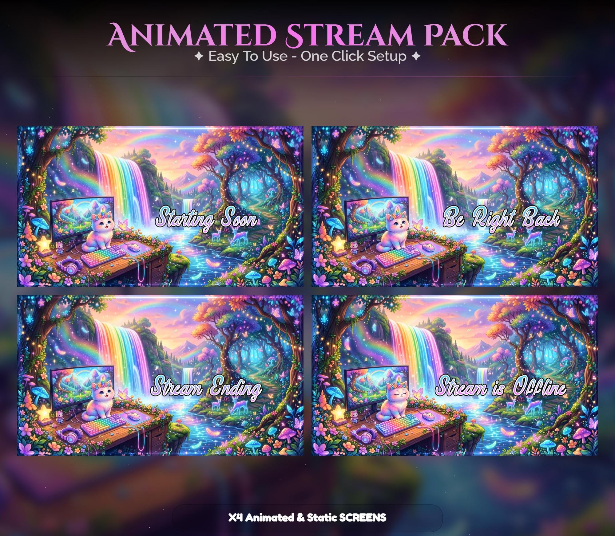 Kawaii Cozy Cat Overlay Animated Stream Package: Twitch, YouTube, Kick | Neon Cat Overlays - animated preview
