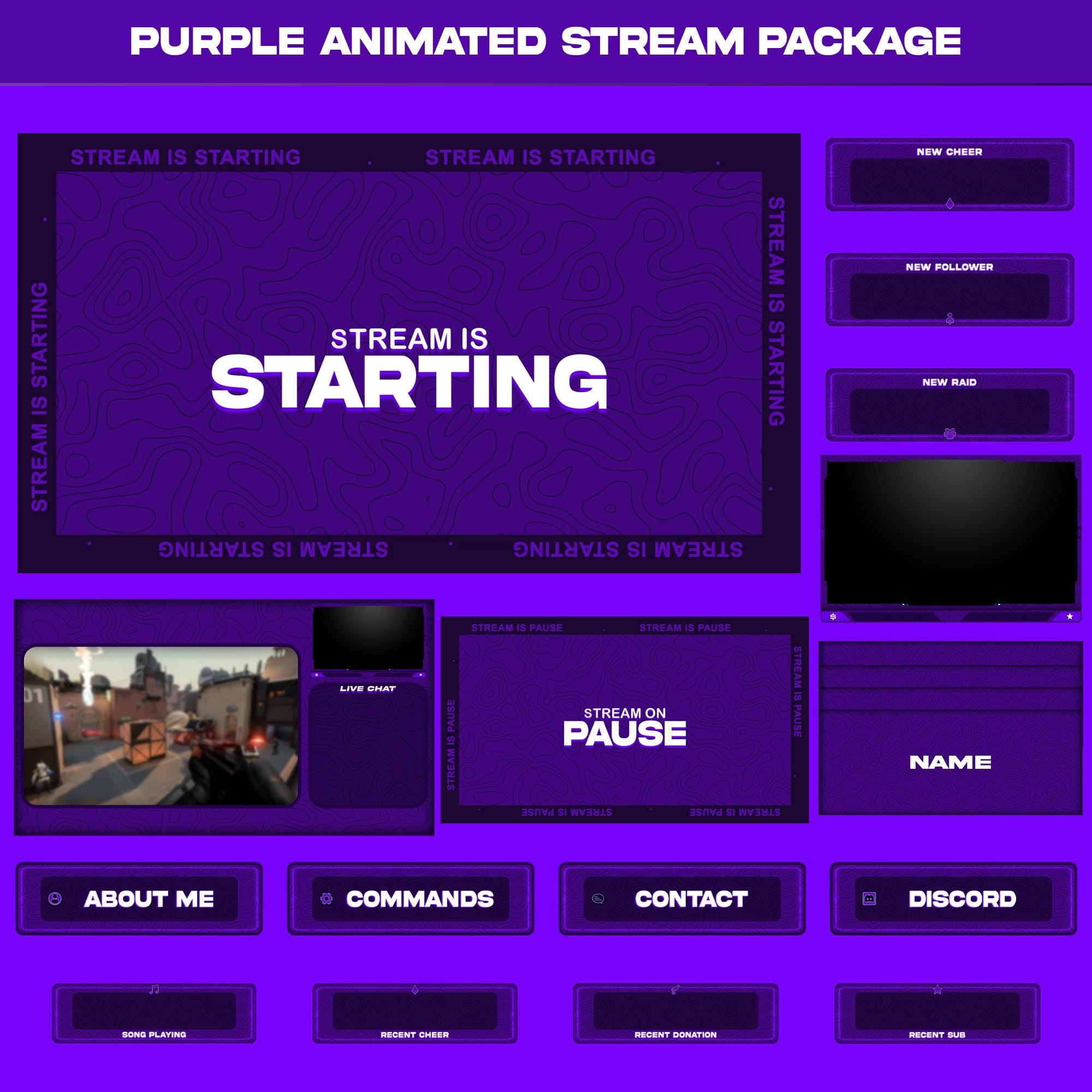 Animated Purple Stream Package: For Twitch Overlay, YouTube, Kick, Facecam, Alerts, Stream Overlays - animated preview