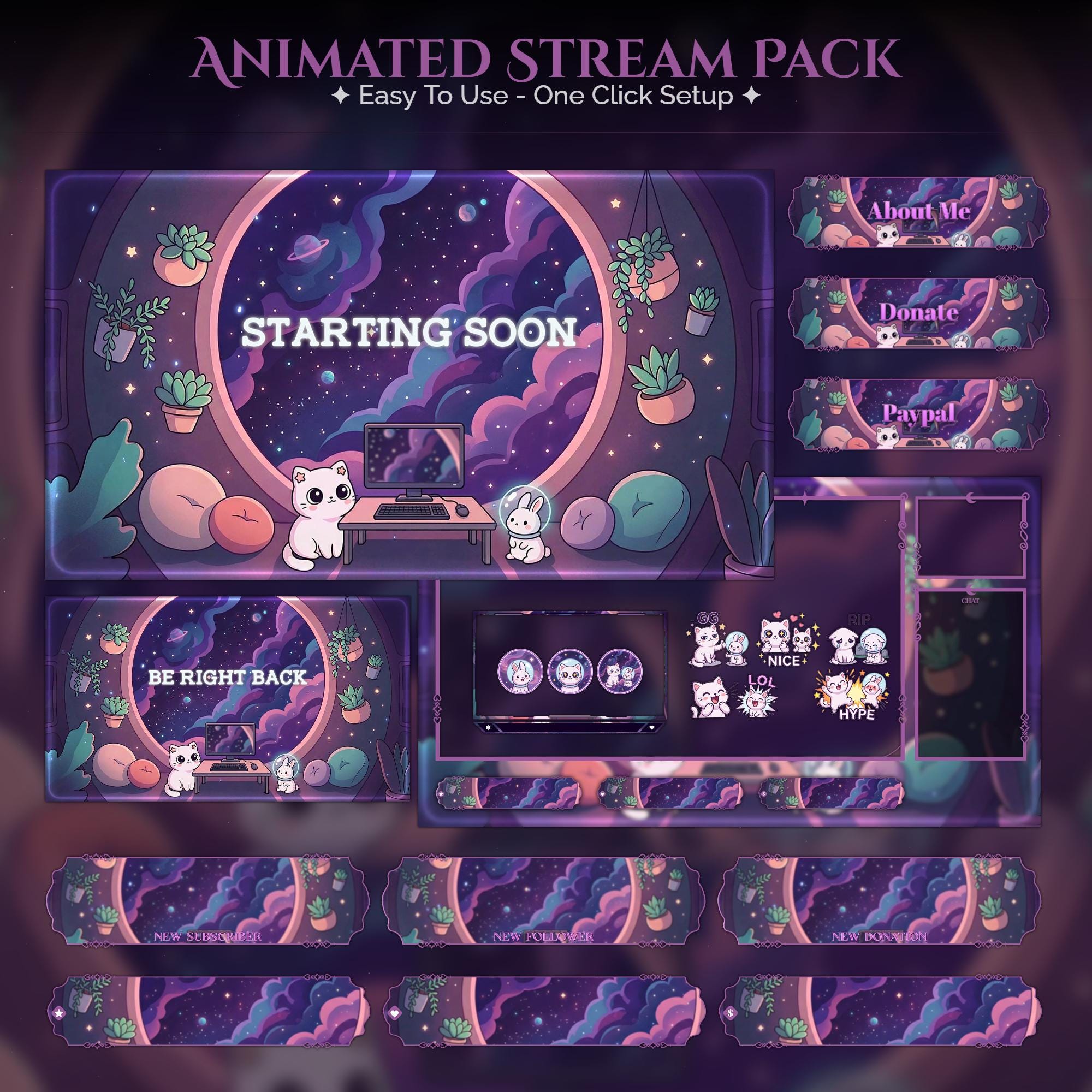 Celestial Bunny & Cat Cozy Overlay Animated Stream Package: Twitch, YouTube, Kick | Gaming Setup Overlays - animated preview