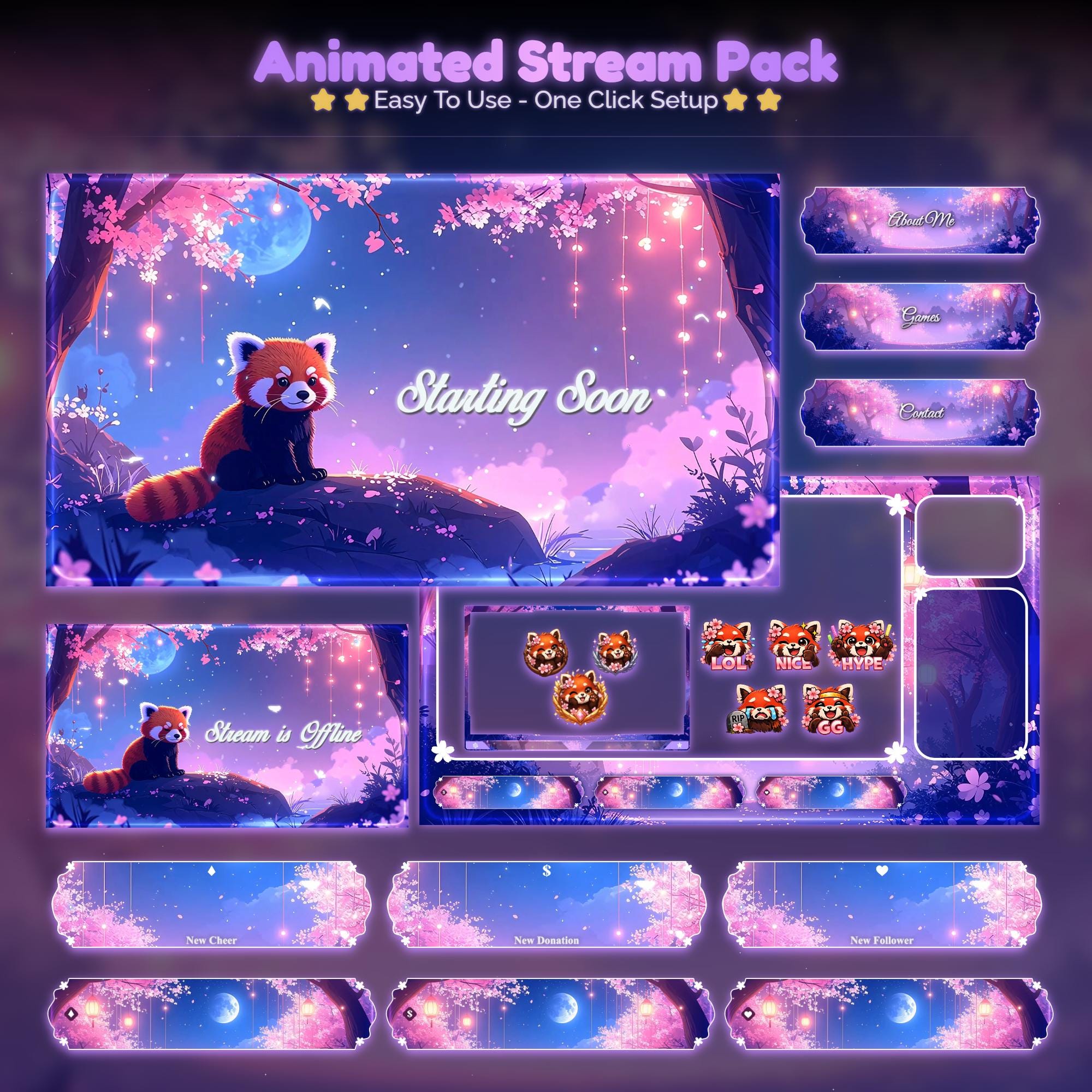 Sakura Dream Red Panda Overlay Animated Stream Package: Twitch, YouTube, Kick | Panda Overlays - animated preview