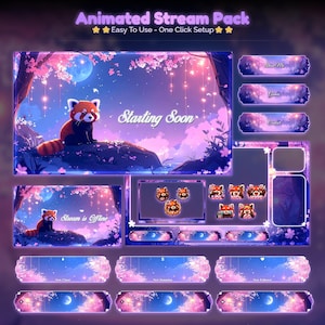 May include: An animated stream pack with a red panda in a cherry blossom landscape. The pack includes various overlay elements with text like "Starting Soon" and "Stream is Offline". Additional elements include chat boxes and alert boxes.