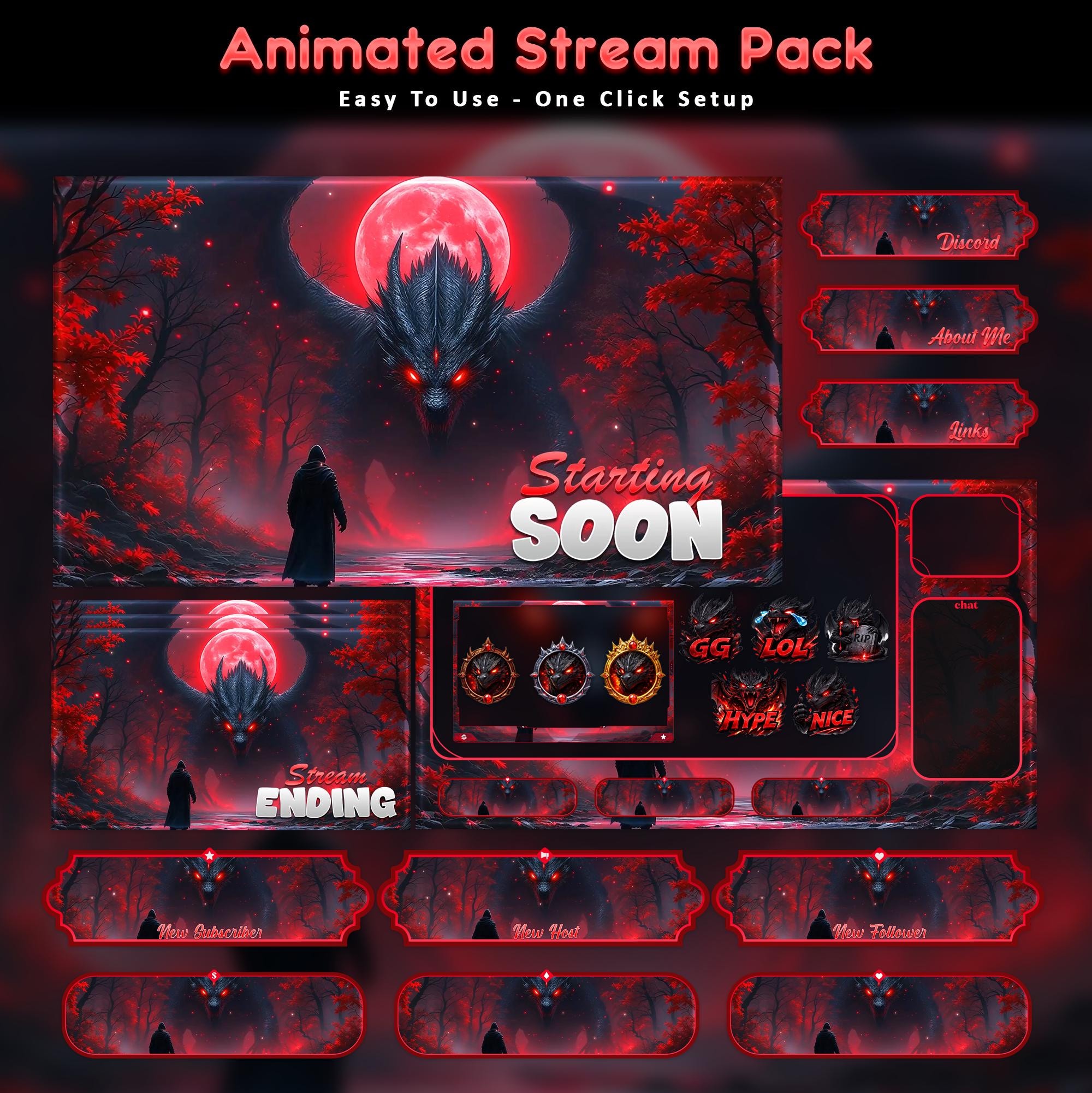 Shadow Dragon Animated Stream Package: For Twitch Overlay, YouTube, Kick | Dragon overlays - animated preview
