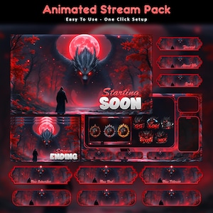 May include: Animated stream pack with a dark red and black theme. The design features a dragon, a full moon, and forest imagery. Includes animated overlays for Twitch or other streaming platforms, with text that reads "Starting Soon" and "Stream Ending".