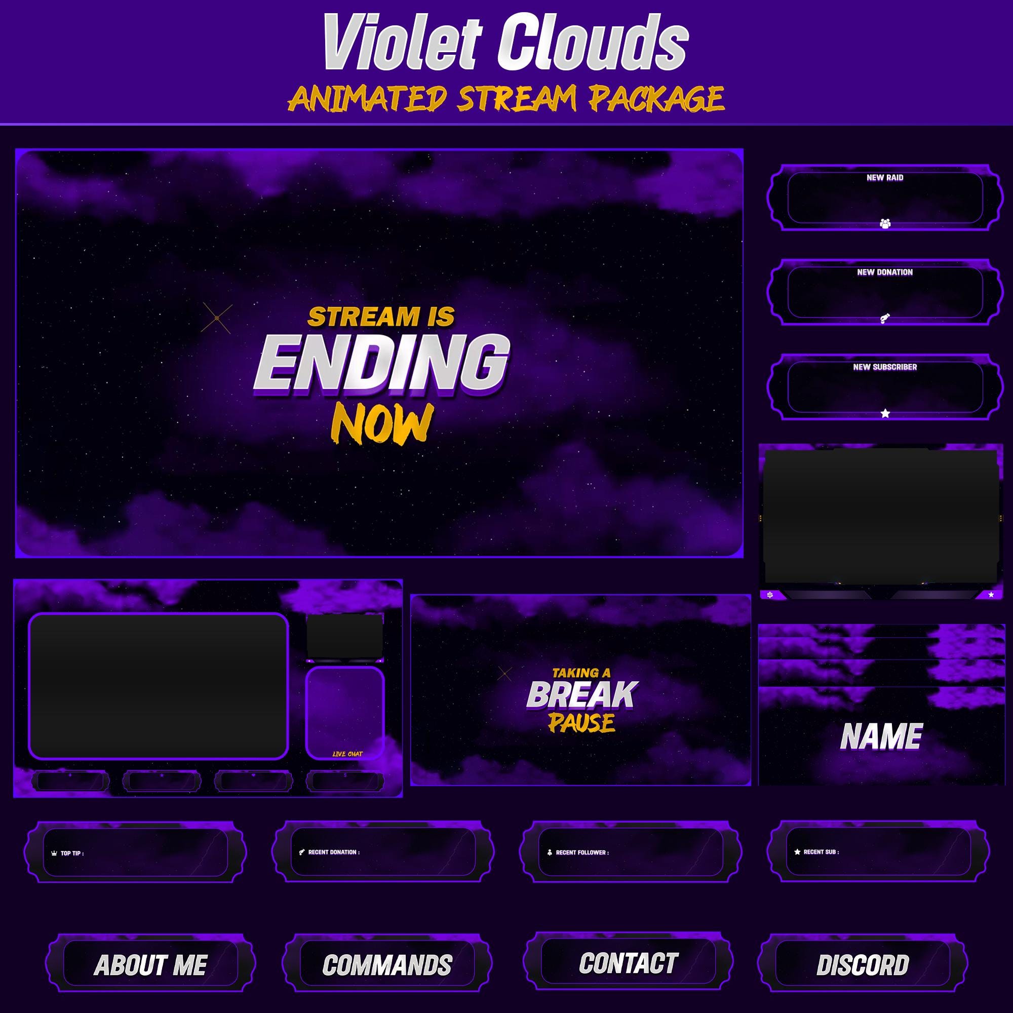 Violet Clouds Animated Stream Package: For Twitch Overlay, YouTube, Kick, Facecam, Alerts, Stream Overlays - animated preview