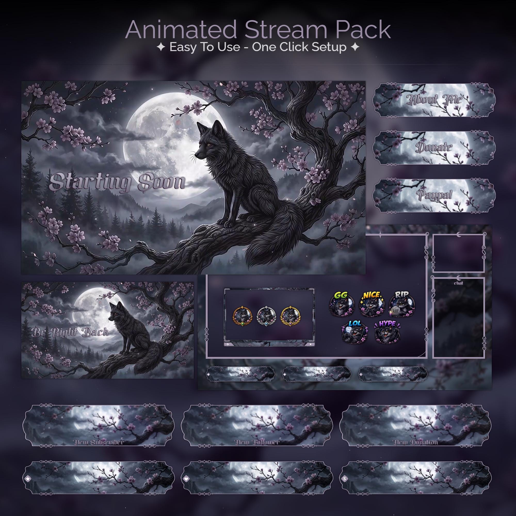 Mystic Moonlight Fox Overlay Animated Stream Package: For Twitch, YouTube, Kick | Gothic Fox overlays - animated preview
