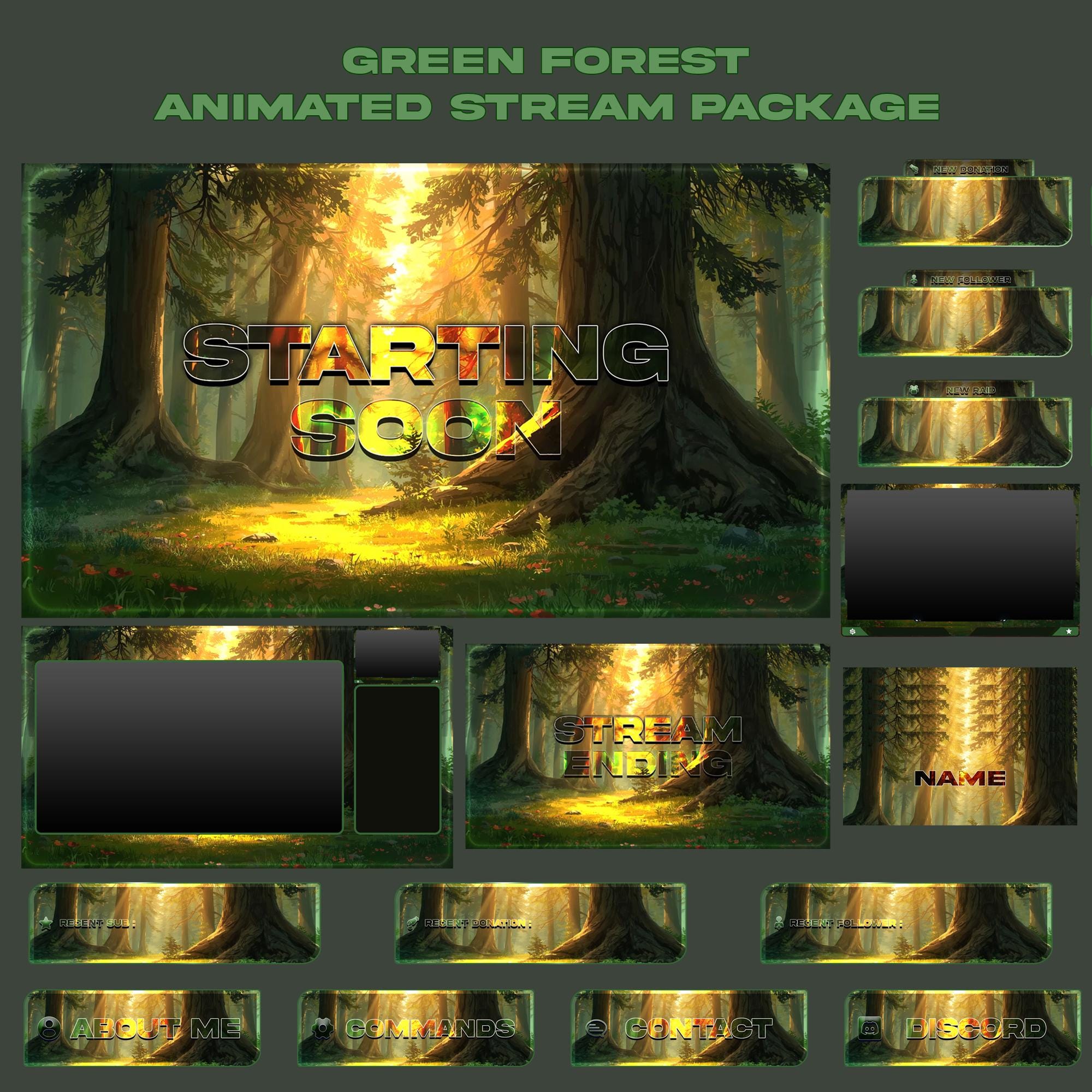 Green Forest Animated Stream Package: For Twitch Overlay, YouTube, Kick, Facecam, Alerts, Stream Overlays - animated preview