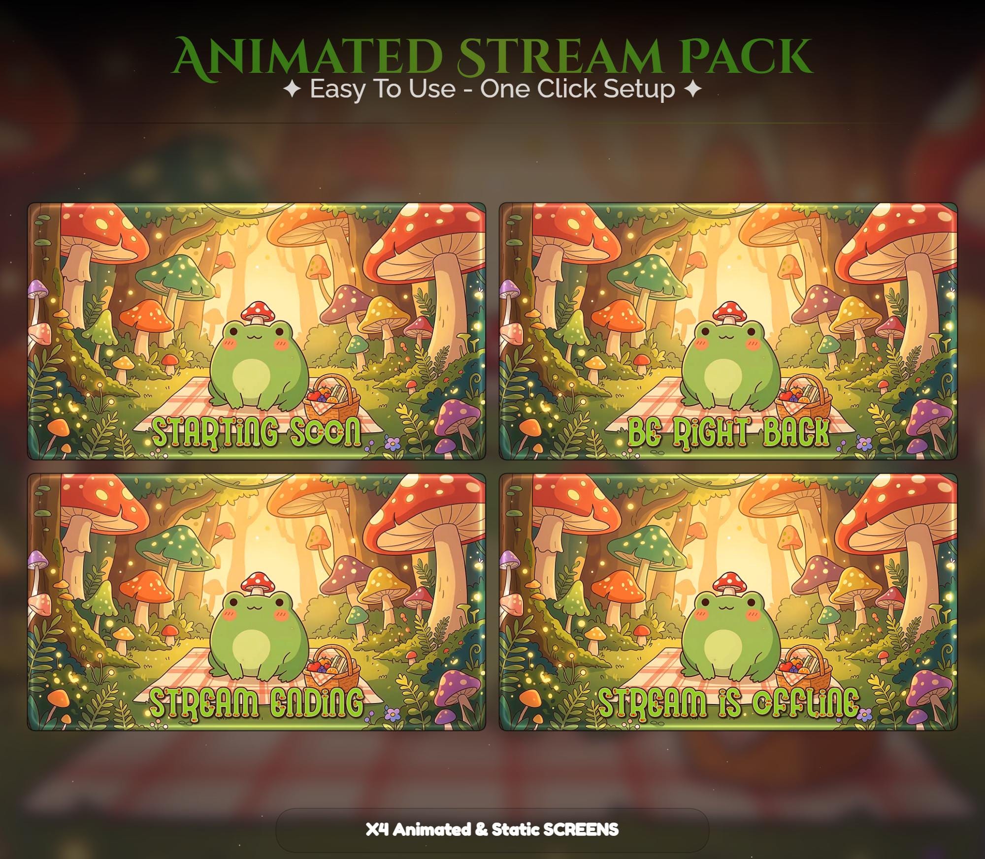Kawaii Cozy Frog Overlay Animated Stream Package: Twitch, YouTube, Kick | Frog Overlays - animated preview