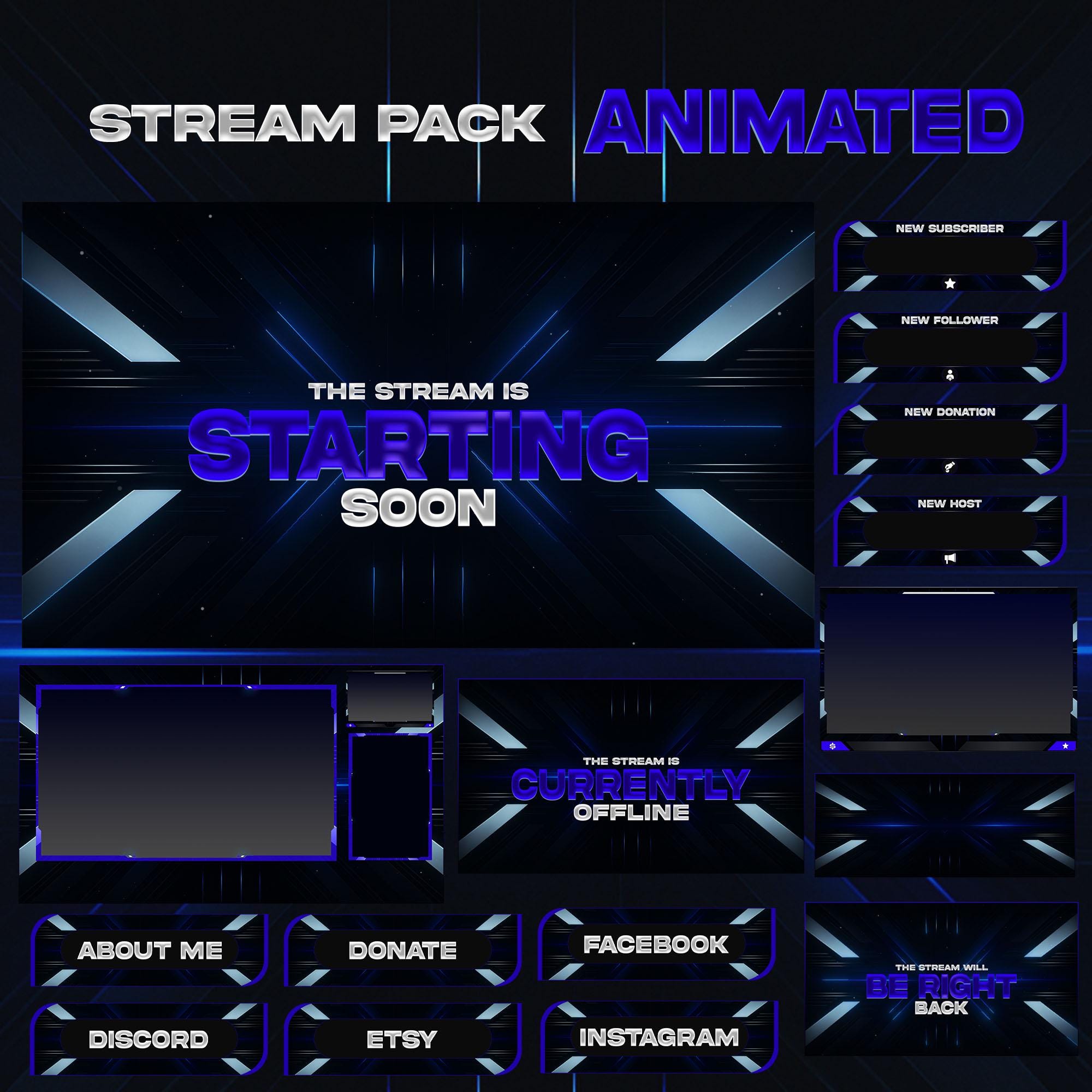 Animated Modern Abstract Stream Package: For Twitch Overlay, YouTube, Kick | Facecam, Alerts, Stream Overlays - animated preview