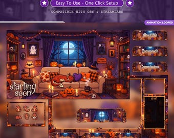 Cozy Dragon Halloween Twitch Overlay Pack Animated | Kawaii Gaming Room Stream Bundle | Purple Spooky Screens Panels Alerts