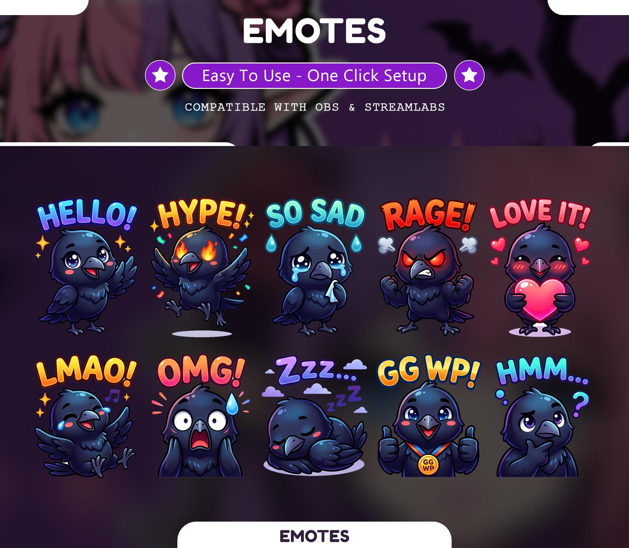 10 Cute Raven Text Emotes, Twitch Emotes, Crow Chat Emotes for Streamers, Discord Emotes, Chibi Raven Emote Pack - animated raven Twitch stream overlay pack cover
