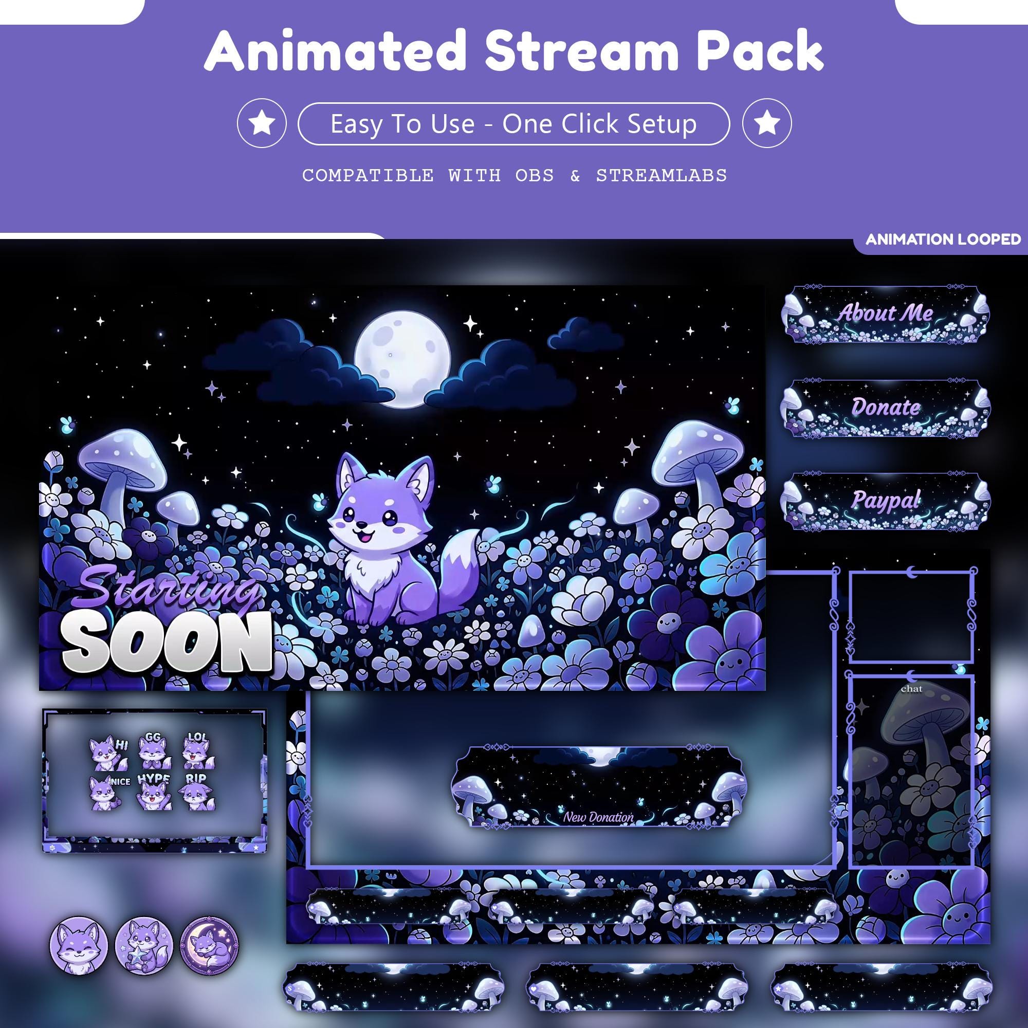 Night Blossom Fox Overlay Animated Stream Package | Halloween Twitch, YouTube, Kick | Kawaii , Mushroom | Magic - animated preview