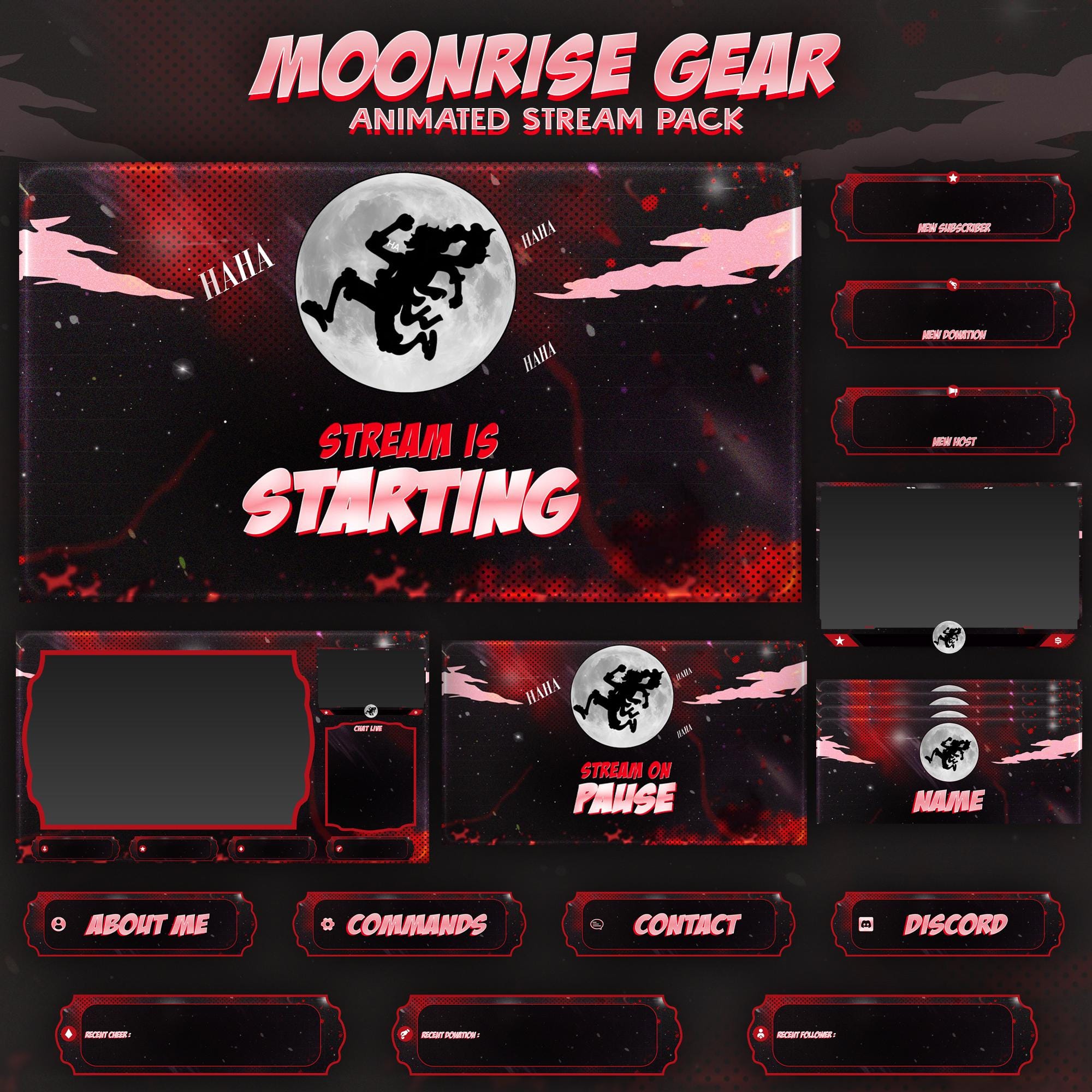 Red Moonrise Gear Animated Stream Package: For Twitch Overlay, YouTube, Kick, Facecam, Anime Overlay - animated preview