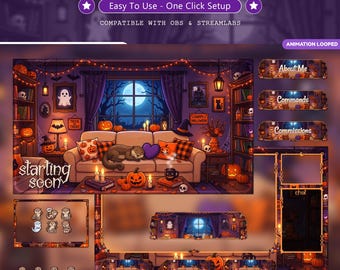 Cozy Otter Halloween Twitch Overlay Pack Animated | Kawaii Gaming Room Stream Bundle | Purple Spooky Screens Panels Alerts