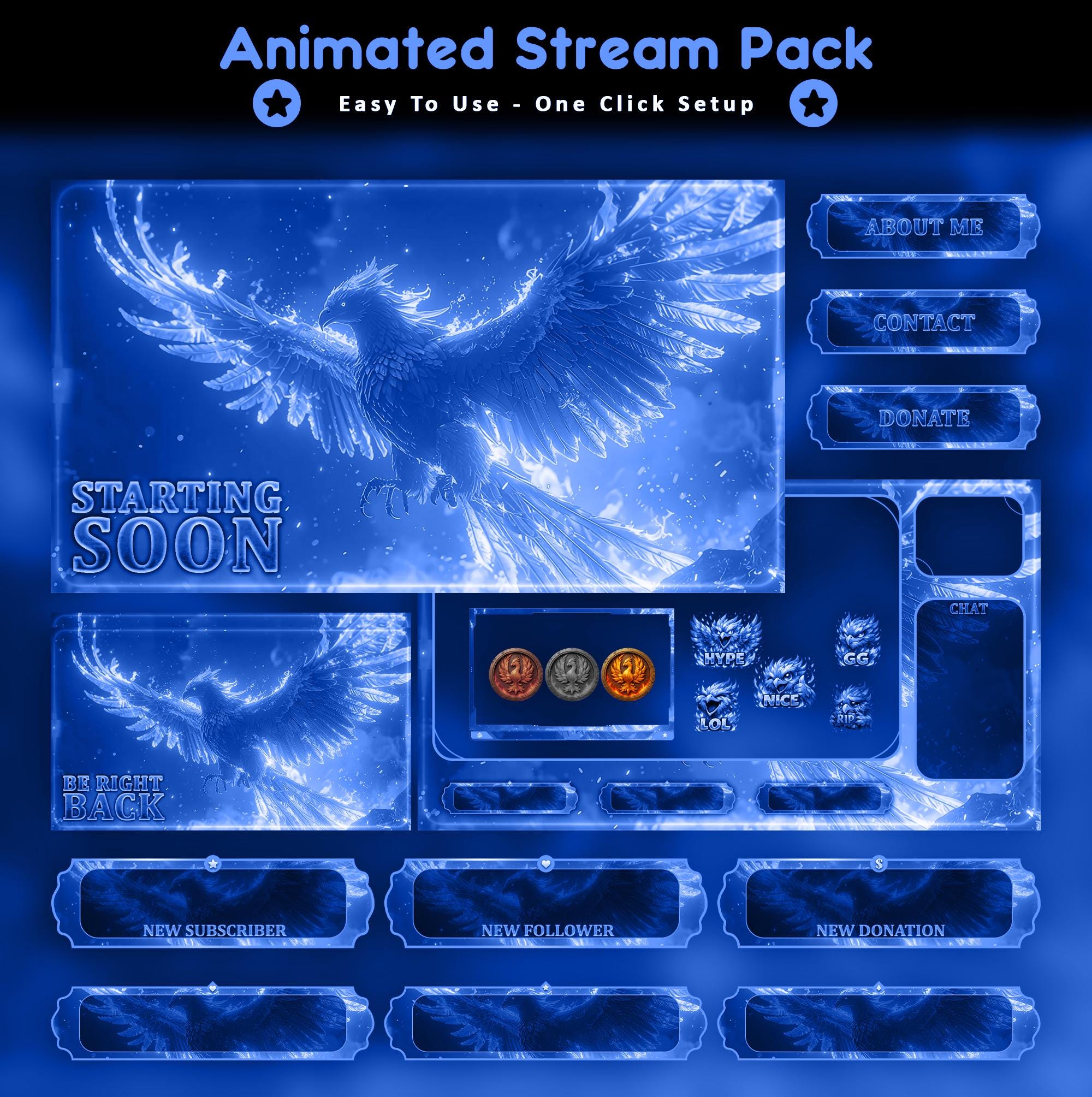 Blue Phoenix Animated Stream Package: For Twitch Overlay, YouTube, Kick | Phoenix Overlays - animated preview