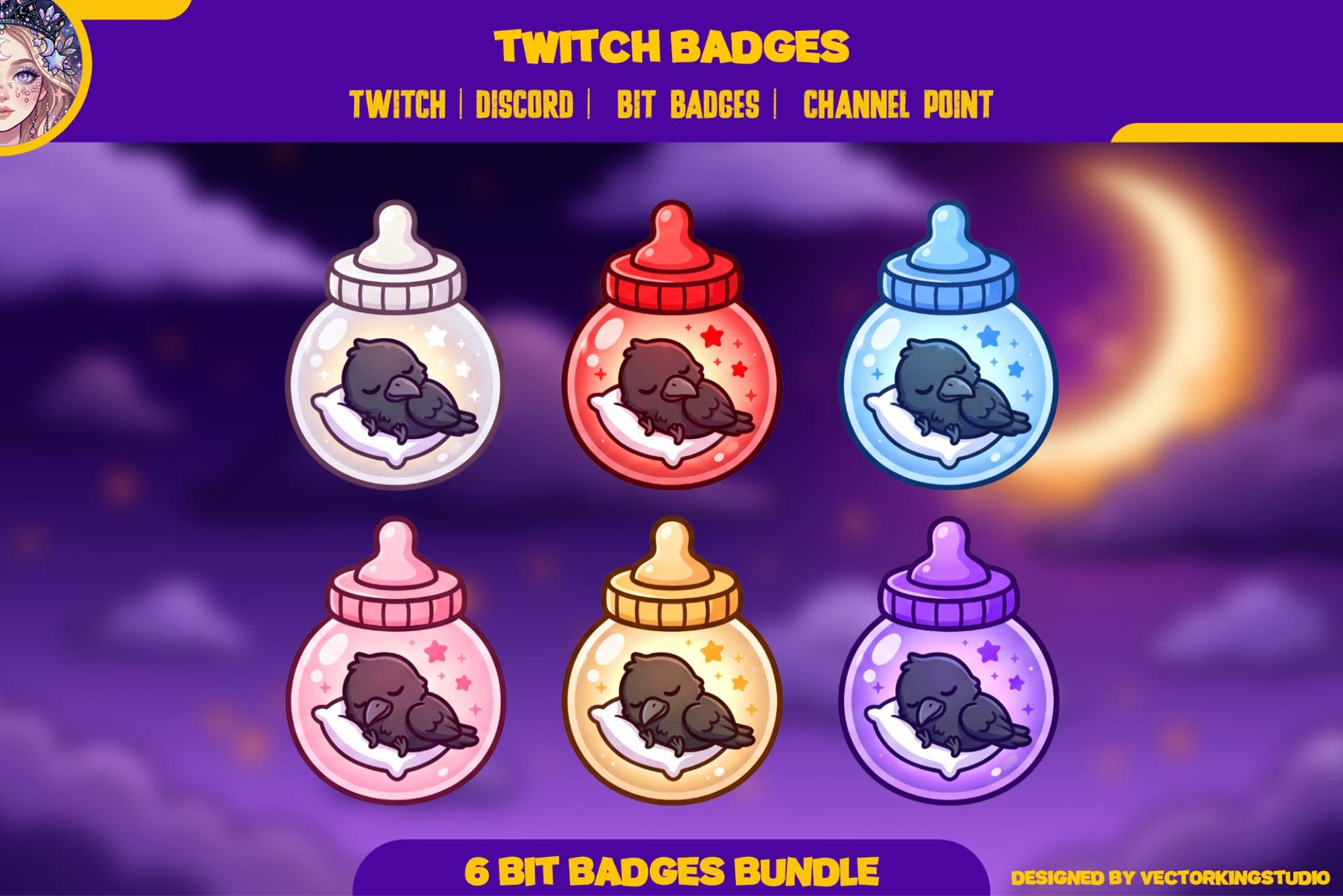 Crow Bottle Charms Twitch Badges, Discord | twitch emotes | Gothic Raven Sub Bits & Channel Point - animated preview