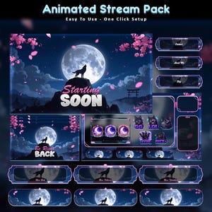 Puede incluir: Paquete de transmisión animada con tema nocturno. El diseño presenta un lobo aullando a la luna, flores de cerezo y varias superposiciones animadas. El texto incluye "Starting Soon", "Be Right Back" y etiquetas de redes sociales.