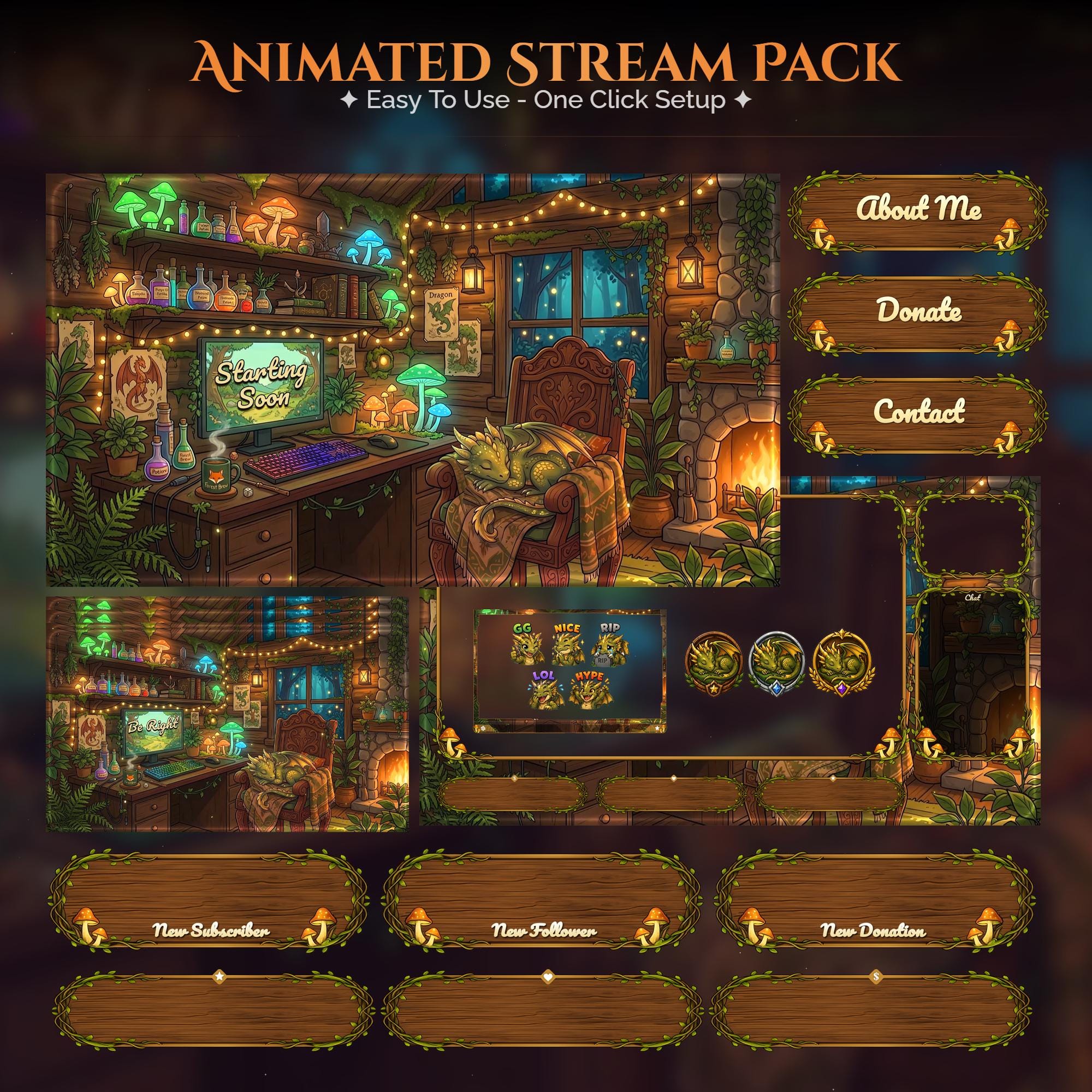 Cozy Dragon Overlay Animated Stream Package: Twitch, YouTube, Kick | Gaming Setup Overlays - animated preview