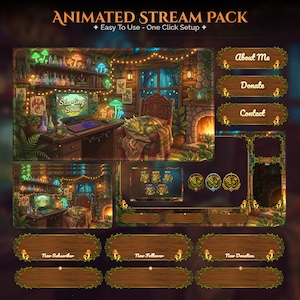 Peut inclure: Un pack de stream animé sur le thème de la fantaisie. Le design présente une pièce détaillée avec une cheminée, un bureau et un dragon endormi. Comprend des boutons pour "About Me", "Donate" et "Contact", ainsi que des alertes d'abonné et de don.