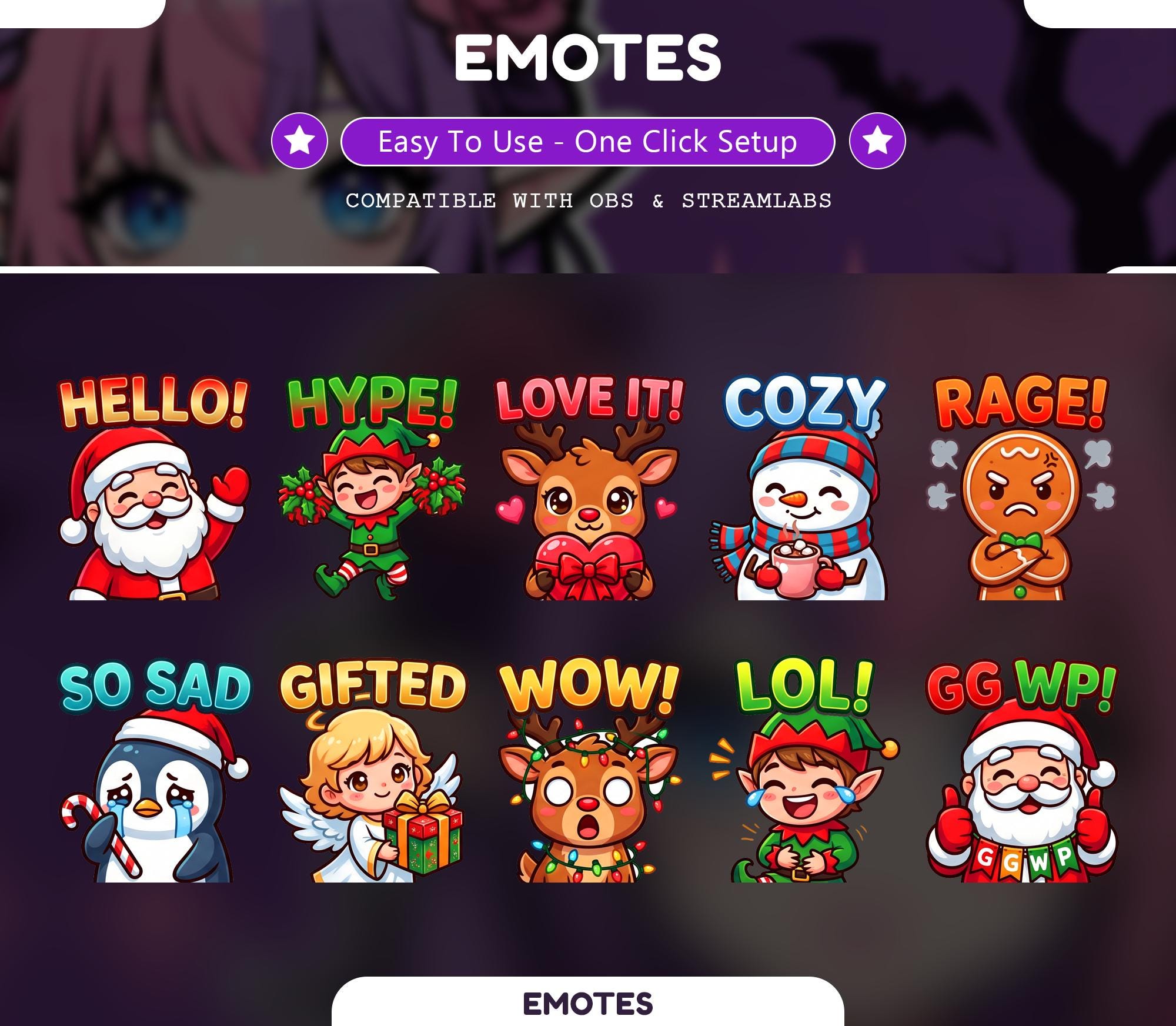10 Christmas Emotes, Twitch Emotes, Cute Santa Emotes for Streaming, Emotes for Discord, Holiday Emote Pack - animated christmas Twitch stream overlay pack cover