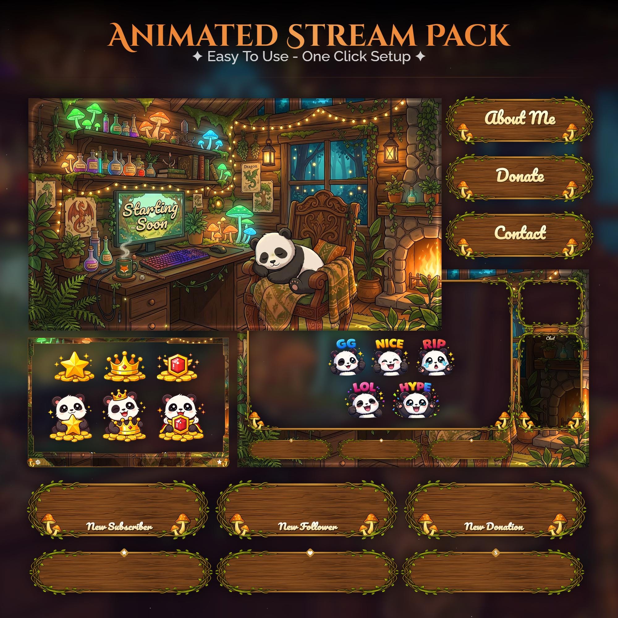 Cozy Panda Overlay Animated Stream Package: Twitch, YouTube, Kick | Gaming Setup Overlays - animated preview