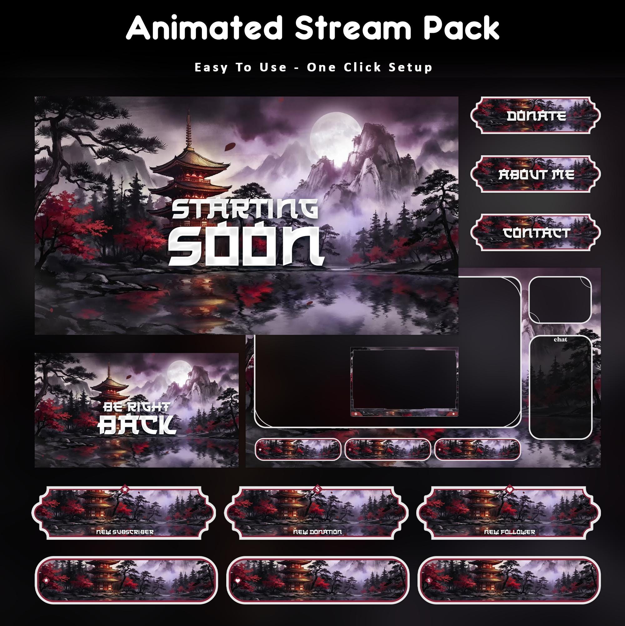 Samurai Moon Animated Stream Package: For Twitch Overlay, YouTube, Kick | Japanese Overlays - animated preview