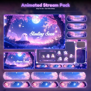 May include: A digital stream pack with a soft, purple and pink colour scheme. The pack features animated scenes with a friendly ghost character, overlay panels, and social media alerts. Text includes "Starting Soon" and "Stream Ending".