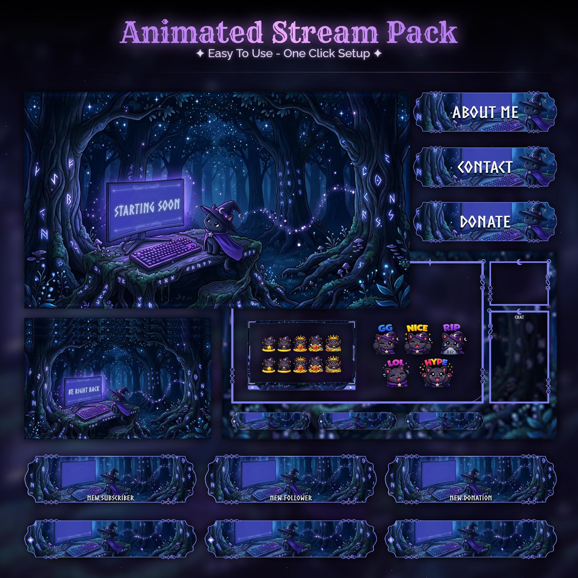 Midnight Magic Cat Overlay Animated Stream Package: Twitch, YouTube, Kick | Gaming Setup Overlays - animated preview