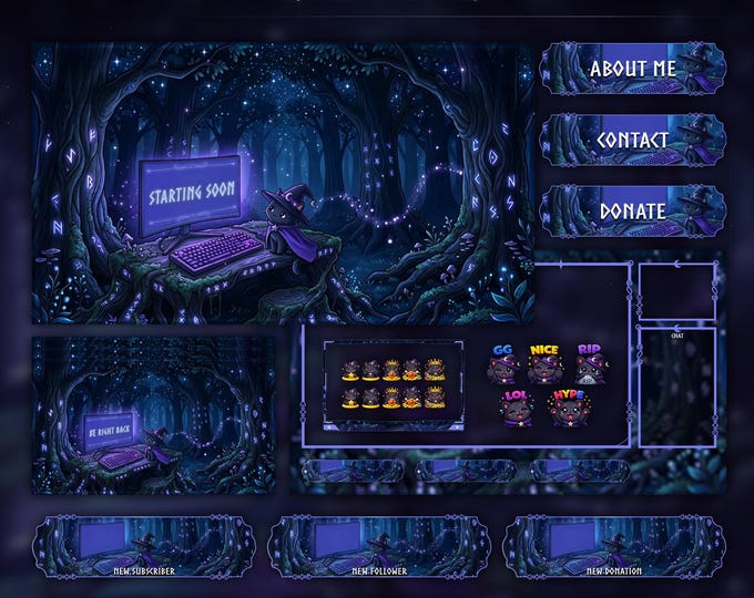 Featured listing image: Midnight Magic Cat Overlay Animated Stream Package: Twitch, YouTube, Kick | Gaming Setup Overlays Halloween